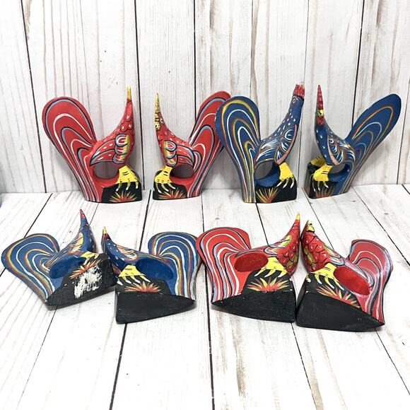 Set of 6 Vintage Hand Painted Rustic Folk Art Rooster Napkin Ring Holders - Picture 1 of 15